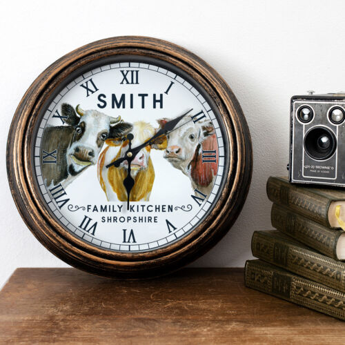 Personalised Kitchen Wall Clock Cow Family Name Round Glass Gift KRC05 - Picture 16 of 17
