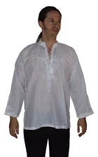 Moroccan Men Tunic Shirt Cafan Casual Handmade Embroidered Cotton X- Large White