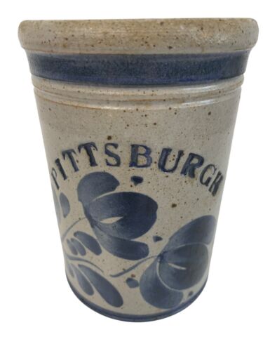 Stoneware Crock Blue Leaf Pittsburgh Spelled Out 6" High 4.5" Dia VTG Pottery - Picture 2 of 6