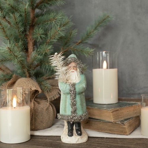 Belsnickle Weihnachtsmann Figur, blauer Samtmantel, silbernes Lametta, 8" Ragon House, Neu mit Etikett