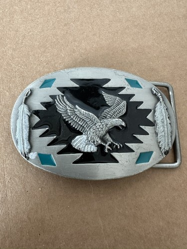 Siskiyou Feather Bald Eagle Enamel Belt Buckle Ag-87 Silver Black Metal 1980’s