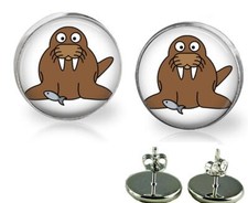 Cute Walrus  Fish Glass Top Stud Girls Earrings 12mm Handcrafted Hypoallergenic