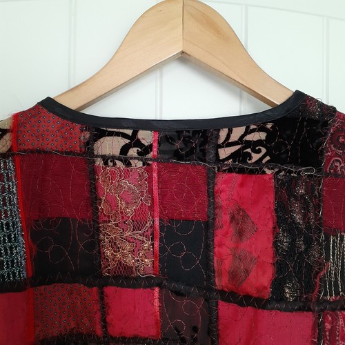 Chico's Seidenmischung Patchwork tragbare Kunst offene V-Ausschnitt Jacke rot Gr. 1 / Gr. M - Bild 5 von 12
