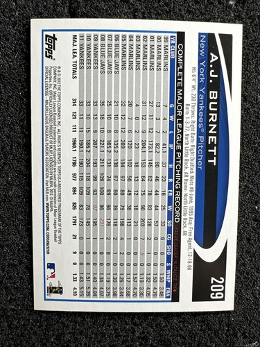 A.J. BURNETT #209 2012 Topps Baseball QTY New York Yankees - Foto 2 di 3