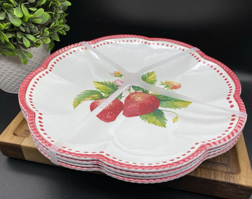 Strawberry Floral FARMHOUSE Style Scalloped MELAMINE Dinner Plates (SET OF 4) - Picture 4 of 6