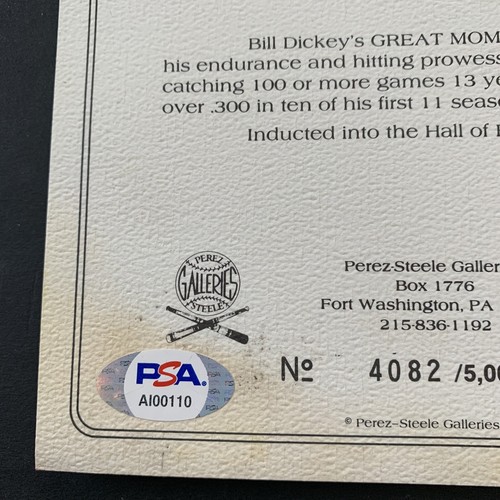 Bill Dickey Signed PEREZ STEELE GREAT MOMENTS 6x8 Psa 10 Gem Mint AUTO Yankees - Picture 5 of 8