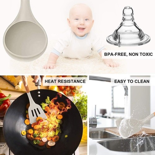 Kitchen Cooking Utensils Silicone Spoons & Spatula Set with Holder Wooden Handle - Picture 5 of 7