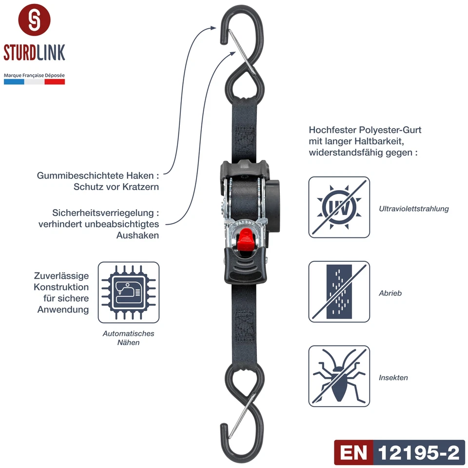 Automatik Spanngurt 3m 25mm mit Verschluss S Haken 300kg/600kg | Set von 4 Sp... - Bild 2 von 4