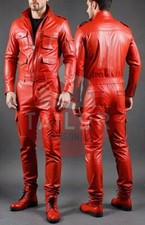 MEN'S RED LEATHER CATSUIT FRONT ZIPPER OVERALL 6 POCKETS JUMPSUIT CLASSIC SUIT