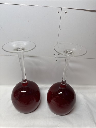 RUBY RED WINE GLASSES, Set of 2 Full bodied glass Clear Glass stem 9" Ht - Picture 4 of 8