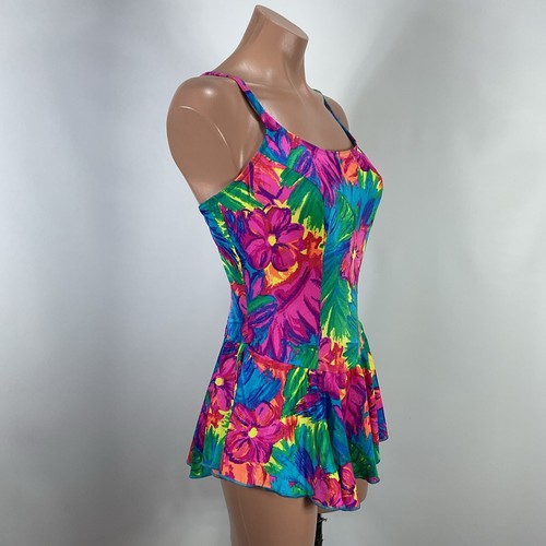 Vintage 80s 90s NEON FLORAL Le Cove Ladies Swimsuit Skirted Swim Dress 16 - Picture 5 of 10