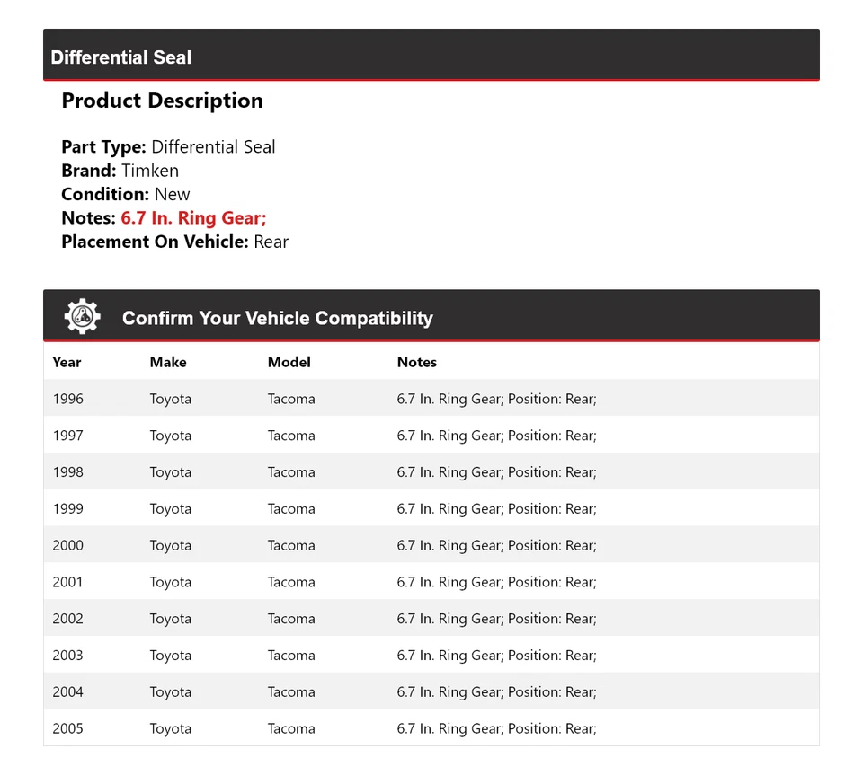 Sello diferencial trasero para Toyota Tacoma 1996-2005 Timken 1997 1998 1999 2000 Foto 2 de 4