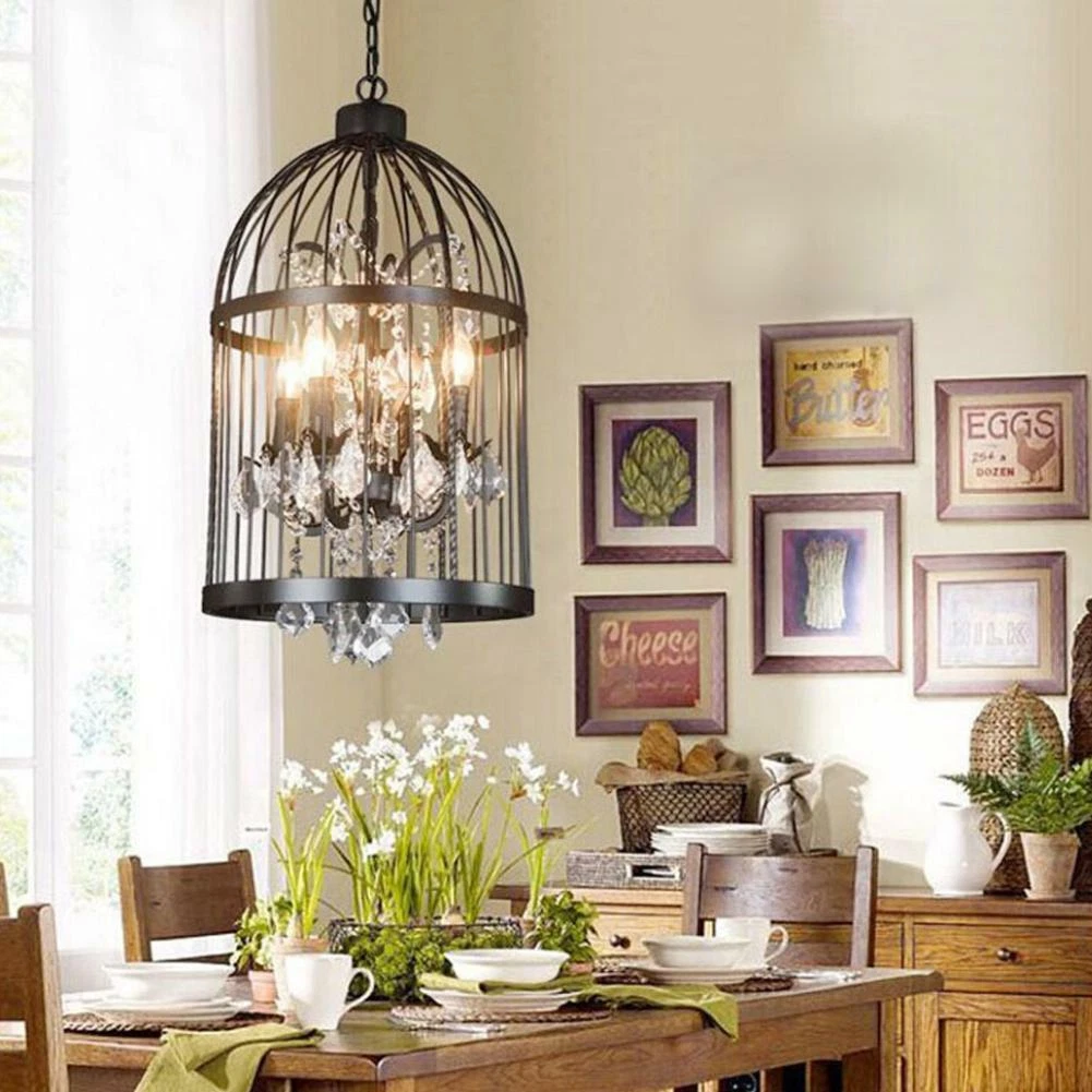 Industrial Crystal Chandelier 4 Lights Black Metal Birdcage