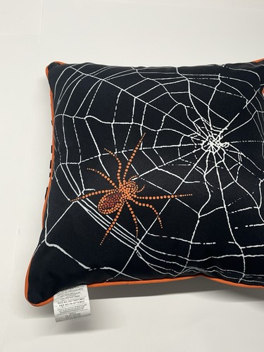Halloween Throw Pillow Spider Orange Black Spider Web Preowned - Picture 3 of 12