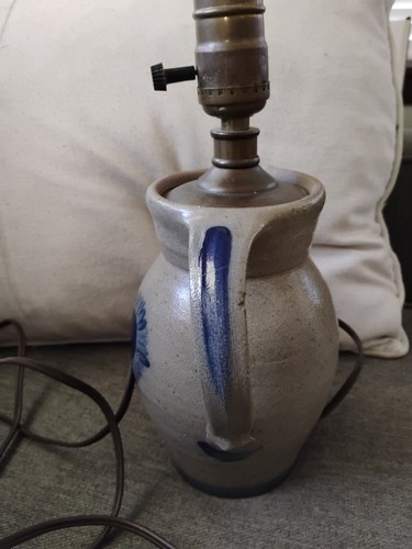Rowe Pottery Works Salt Glaze Stoneware Electric Table Lamp Blue Heart 1994 7.5" - Foto 3 di 5