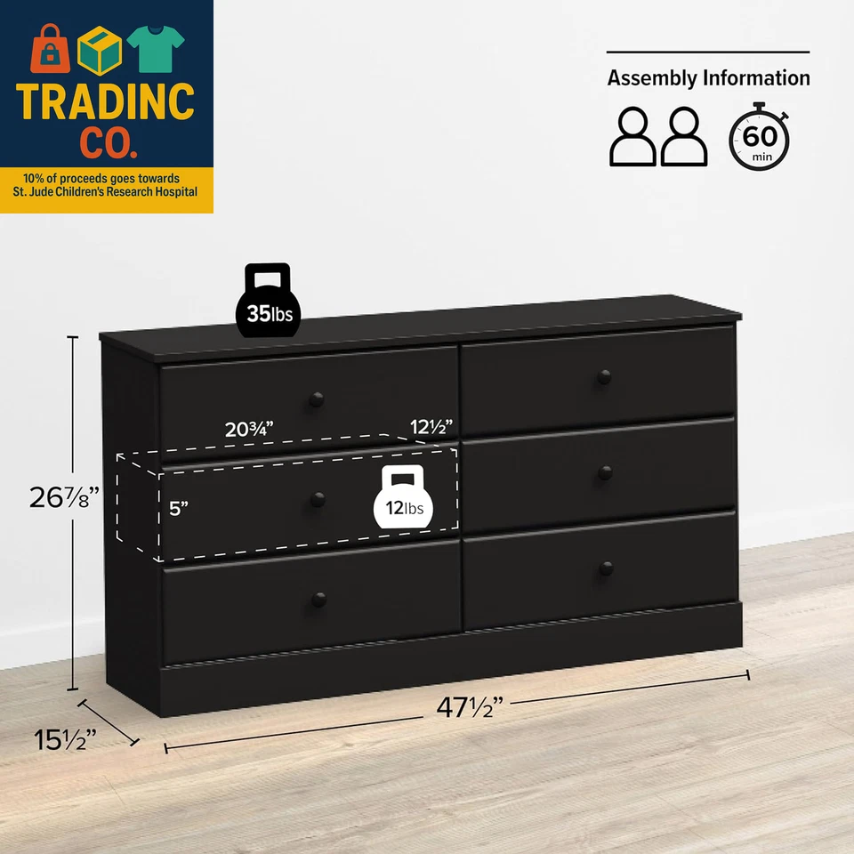 Astrid Cómoda Doble 6 Cajones para Dormitorio, Cajonera Ancha, Mueble Dormitorio Foto 3 de 3