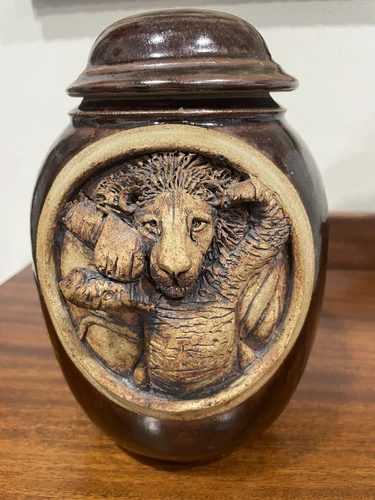 Vintage Studio Pottery Jar With Lid, Lion Face Artist Signed