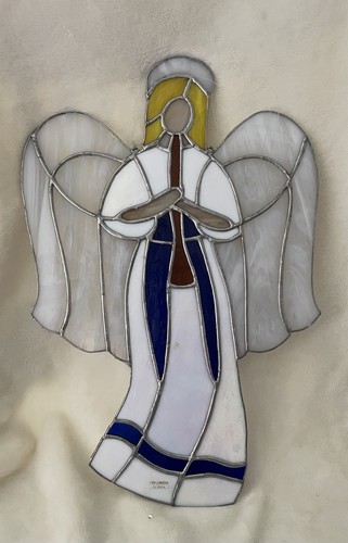 Vintage Buntglas Engel mit Heiligenschein Spielhorn groß 15 "x 10" schöne Handarbeit - Bild 1 von 4