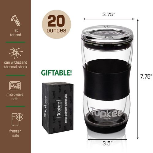 Tupkee Double Wall Glass Tumbler - 20-Ounce, All Glass Coffee Travel Mug & Lid - Picture 7 of 8