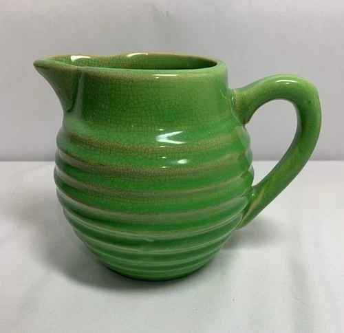 VTG Kermit Green Ceramic Water Ribbed Pitcher Possibly McCoy Pottery Beehive