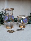 Vintage Romanian Hand Painted Glass Jug & Bowl Set Gold Rim Floral
