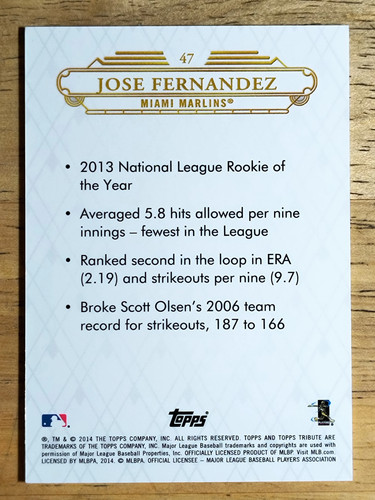 Topps Tribute #47 2014 José Fernández - Imagen 2 de 2