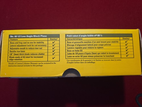 Stanley 6.5" Low Angle Block Plane 12-139 No. 60 1/2 New in Box Woodworking - Foto 5 di 5