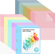 30 Pack Report Covers with 3 Prong Fasteners 10 Colors Clear Front Plastic Folde
