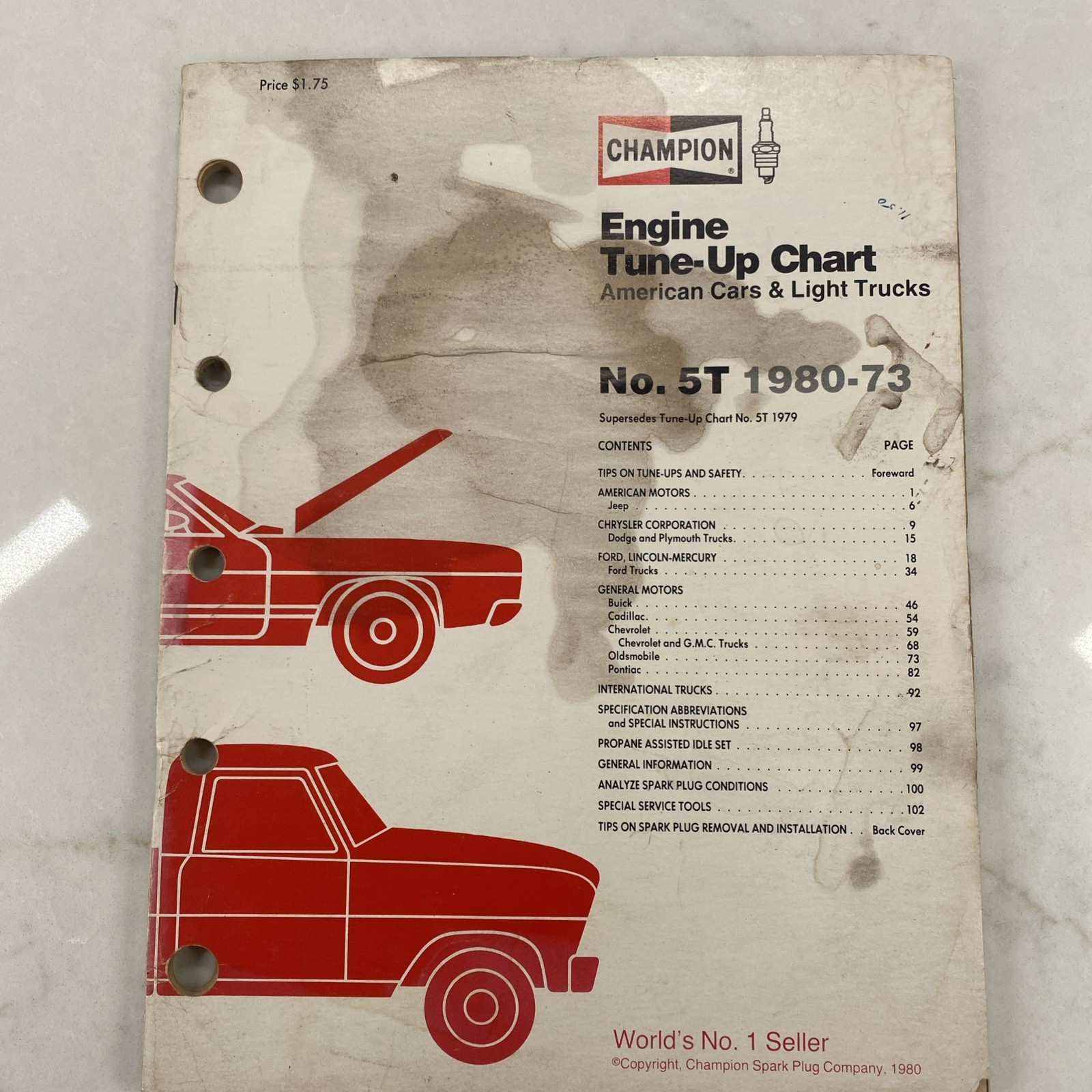 Champion Engine Tune Up Chart no.5T 1980-1973 Spark Plug Book