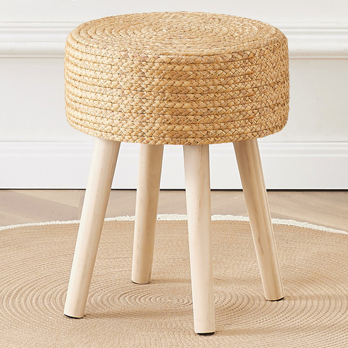 Natural Seagrass Round Ottoman Pouf with Solid Wood Legs Handwoven Foot Stool - Picture 1 of 6