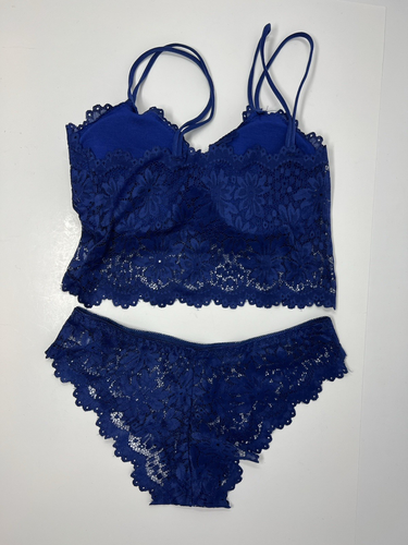 Floral Lace Crop Cami Top Bra & Panty Set Navy Blue Lingerie Sleepwear Nightwear - Picture 2 of 4