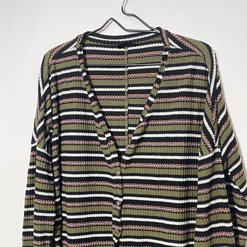 Urban Outfitters Cardigan Sweater Womens Medium Green Black Striped Waffle Knit - Picture 7 of 9