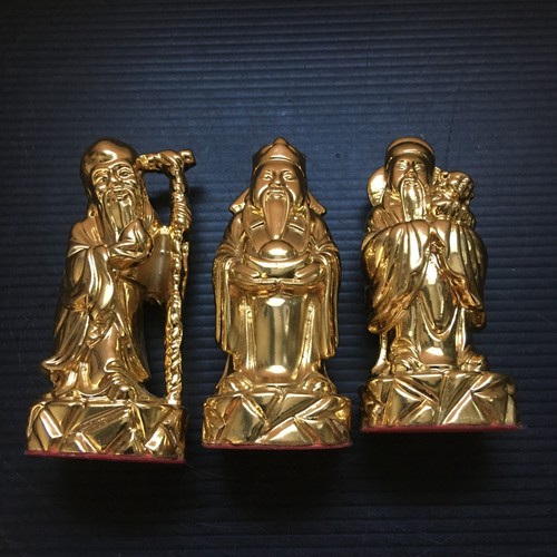 Vintage Goldene drei Unsterbliche: Fu Lu Shou chinesische Glücksstatuen Set 3,75" Höhe - Bild 2 von 8
