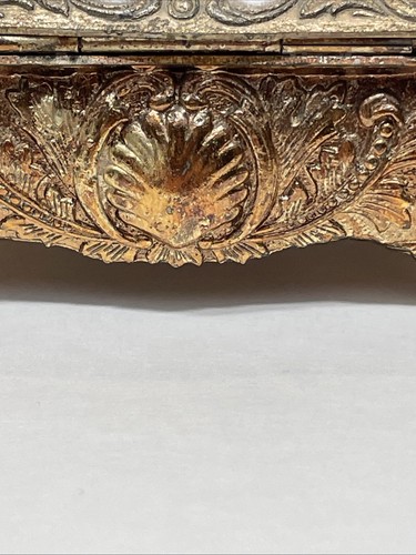 Vintage Gold Tone Ornate Trinket Jewelry Box Casket Ceramic Courting Couple READ - Picture 17 of 22