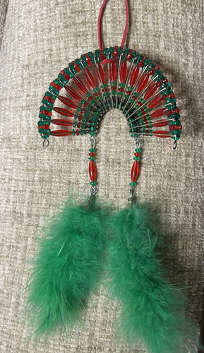 Native American Beaded Indian Headdress w/ Feathers Hand Made Red and Green - Picture 4 of 7