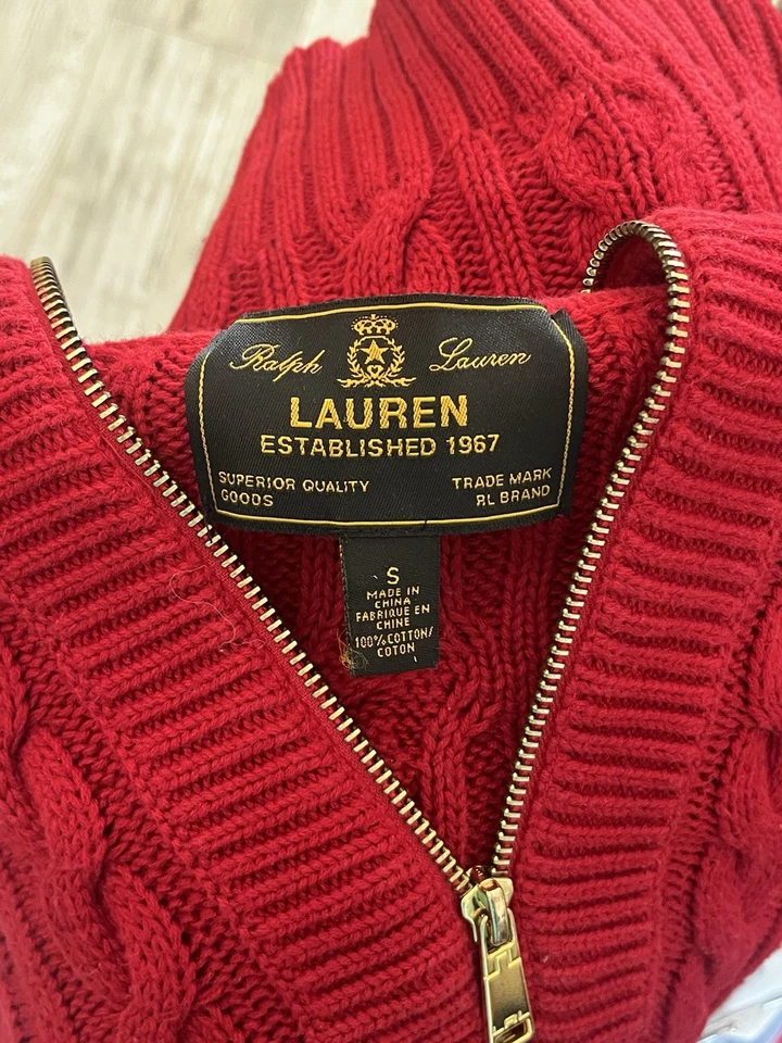 Suéter feminino Lauren Ralph Lauren pequeno vermelho malha cabo dourado quarto de zíper - Imagem 2 de 4