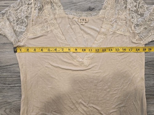 POL Top Blouse Womens Large Beige Short Sleeve Stretch Sweetheart Lace Trim Self - Picture 4 of 14