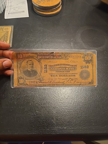 1902 $10 National Currency Note Jersey City NJ – Charter #1182 – US & Hudson... - Picture 1 of 11
