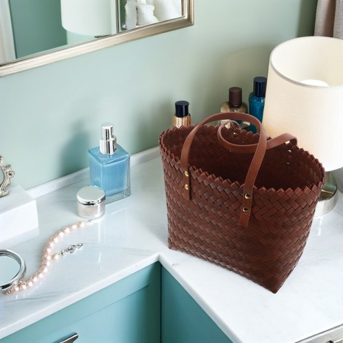  Modische gewebte Beuteltasche für Frauen - geflochtene Schultertasche mit braunem Griff - - Bild 2 von 12