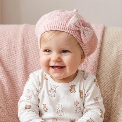 Children's Checkered Beret with Bow - 0-3 Years Knit Infant Hat, Baby Bow Beret