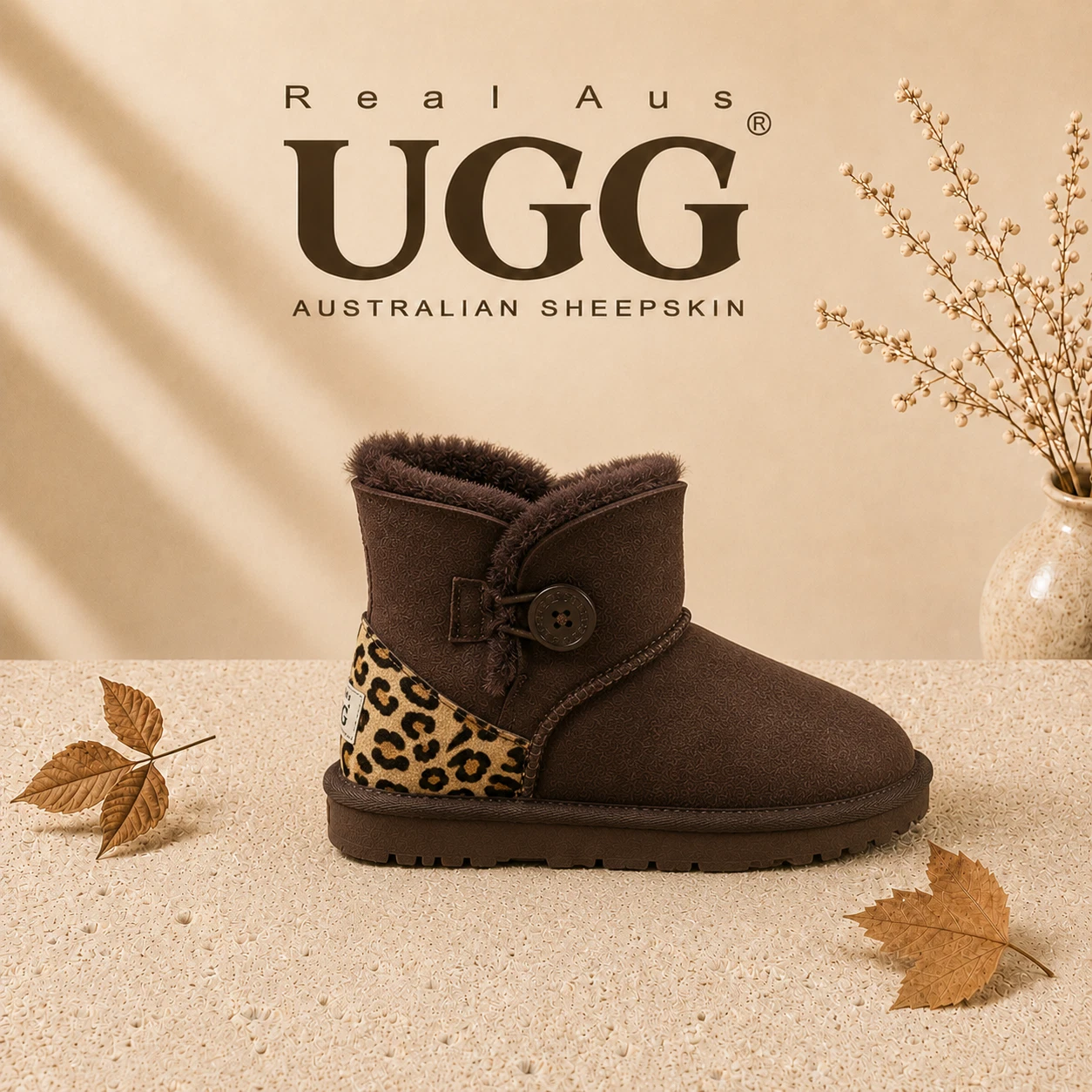 Ugg Real Aus 100% Australian Sheepskin Wool Kids One Button Leopard Pattern image 11