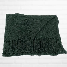Handmade Crochet Throw Blanket Tassel Fringe Green Afghan Soft Cozy Decor Cover