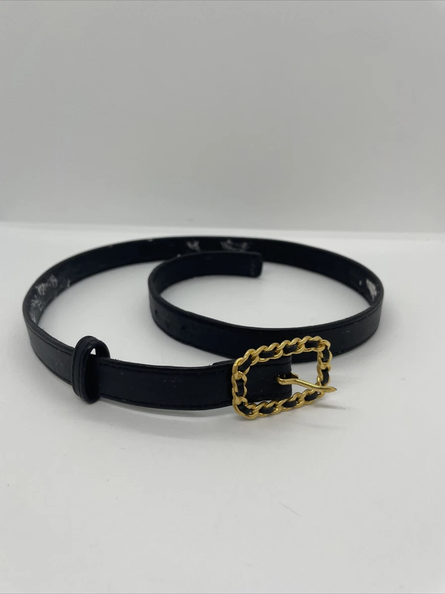 Vintage CHANEL Black Skinny Belt With Golden Chain Buckle and 