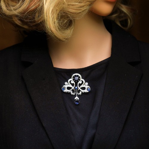 Broche Belle Eopque Dentelle Floral Serti de CZ Bleu Vintage Style SC22 - Imagen 2 de 8