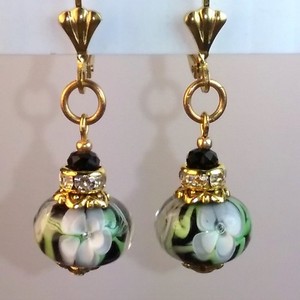 Green black lampwork glass crystal beaded floral earrings