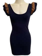 A-Store Dress Navy Scoop Neck Ruffle Formal Mini Cocktail Leather Brown Blue Top