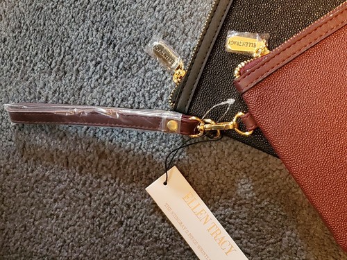 ELLEN TRACY 2 PIECE WRISTLET ZIPPER CASE VEGAN LEATHER PURSE SET BLACK & MERLOT - Picture 3 of 3