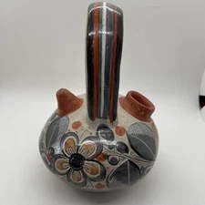 Tonala Pottery Water Jug-Burnished Gray W/Orange -Folk Art -Prairie Flowers 8.5”