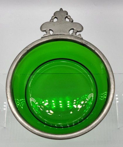 1940s Emerald Green Glass Bowl Pewter Handle Marked Etain Griffin Mark - Picture 3 of 13
