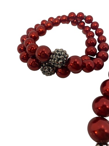 RMN Set Bracciale Collana Romana Rosso Graduato Perline Tonde Tono Argento Scuro - Foto 11 di 18
